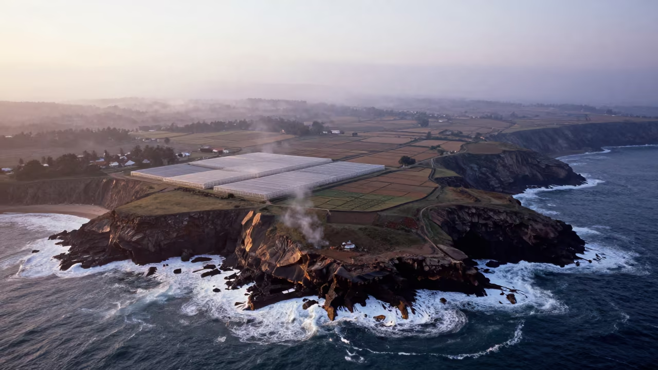 Sea Cliffs and Greenhouse Grids at Dawn in high over greenhouse grids near Mombasa