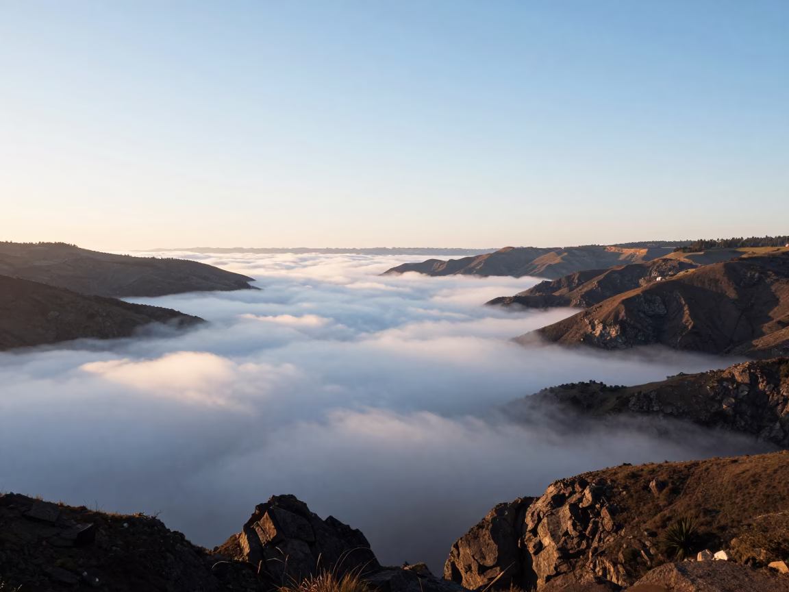 Sea of Clouds Over Lisbon Foothills at Dawn in from a ridge above layered foothills near Lisbon