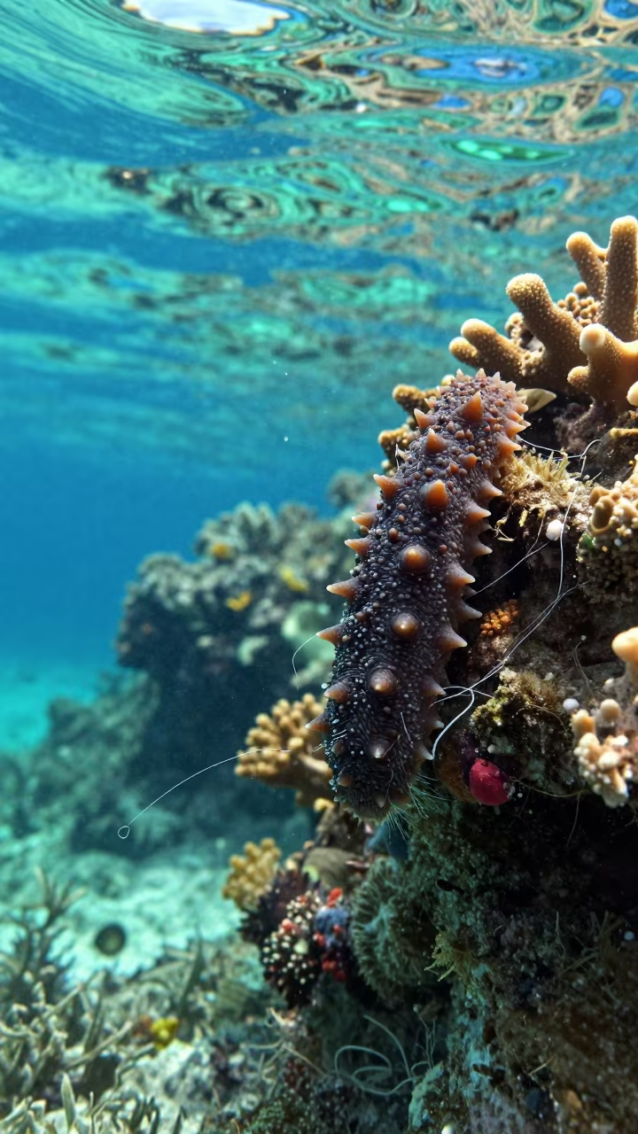 Sea Cucumber Defensive Threads Reef Belize in along a coral wall with blue water beyond near Belize City