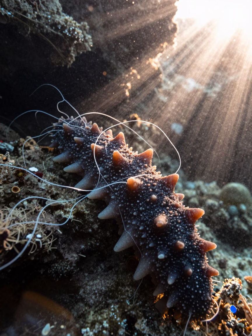 Sea Cucumber Defensive Threads on Volcanic Reef in beside a volcanic reef overhang near Cairns