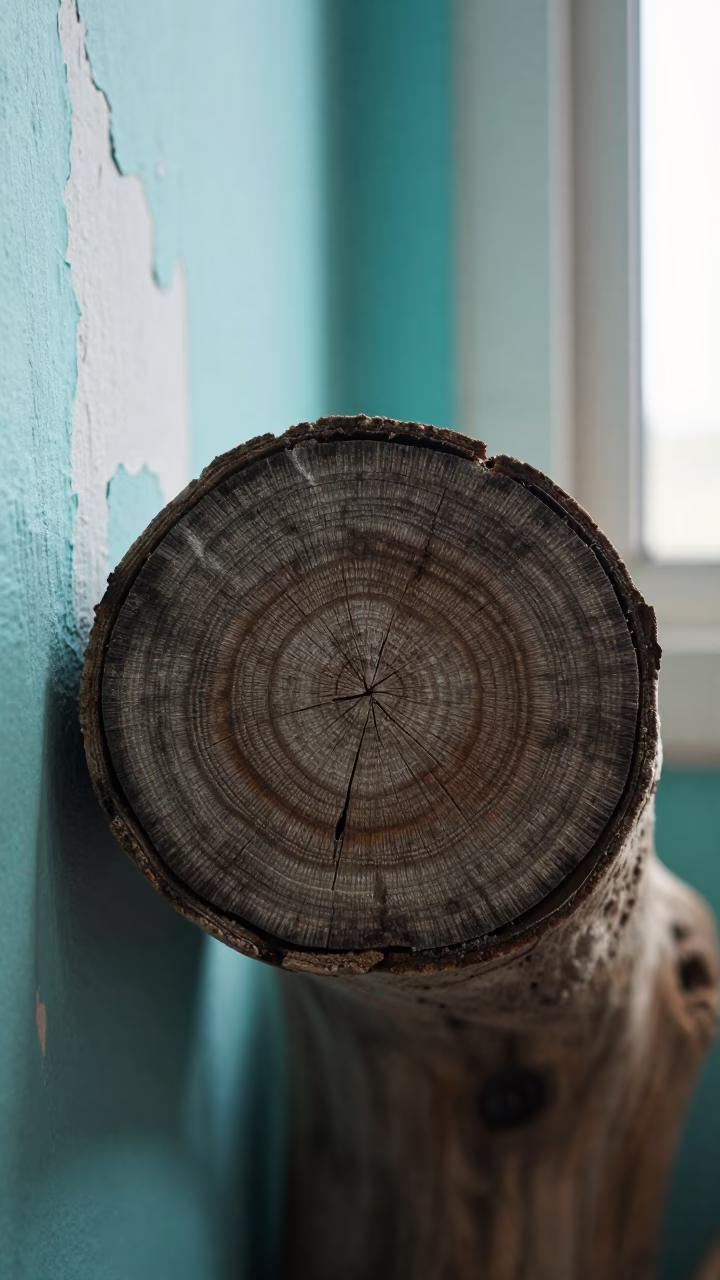 Sea Darkened Driftwood Rings on Turquoise Paint in against weathered turquoise paint near La Popa, Cartagena