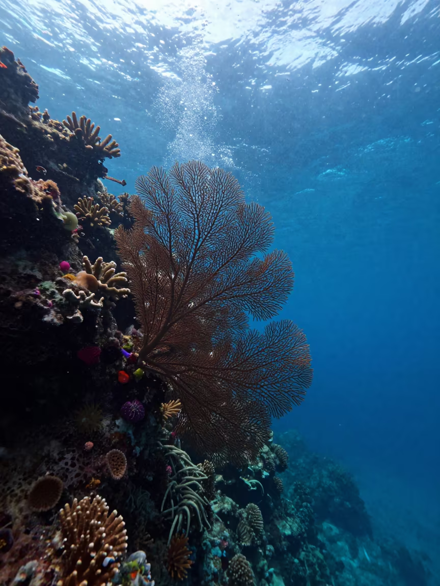 Sea Fan Bending in Dawn Current Cebu Reef in along a coral wall with blue water beyond near Cebu