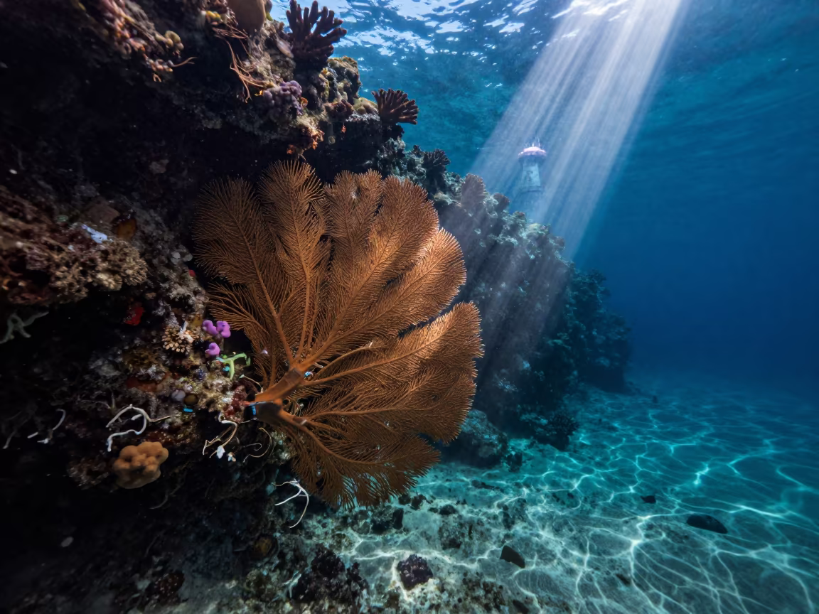 Sea Fan Bent by Current in Belize Reef in beneath a reef ledge in tropical shallows near Belize City