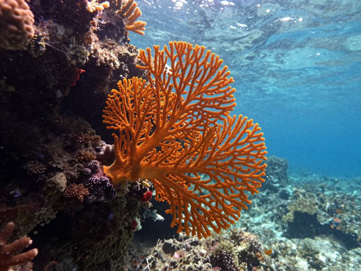 Sea Fan Bent by Current on Cebu Reef Wall in beside a volcanic reef overhang near Cebu