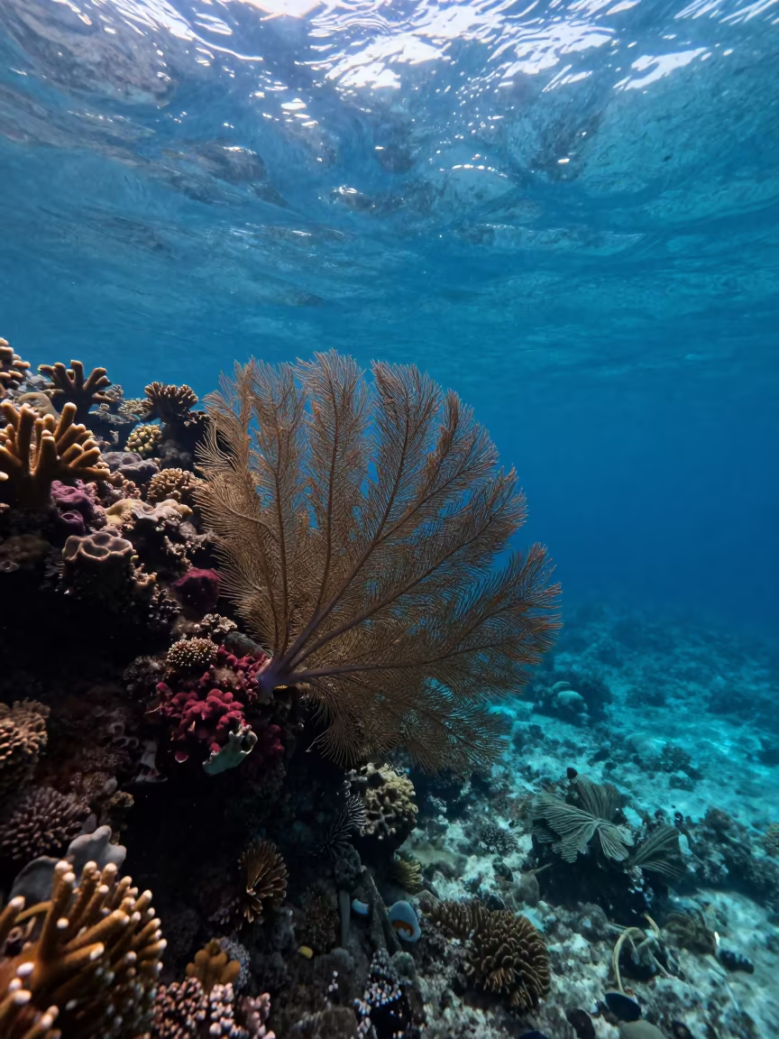 Sea Fan Swaying in Dawn Light Before Sunrise in along a coral wall with blue water beyond near Denpasar