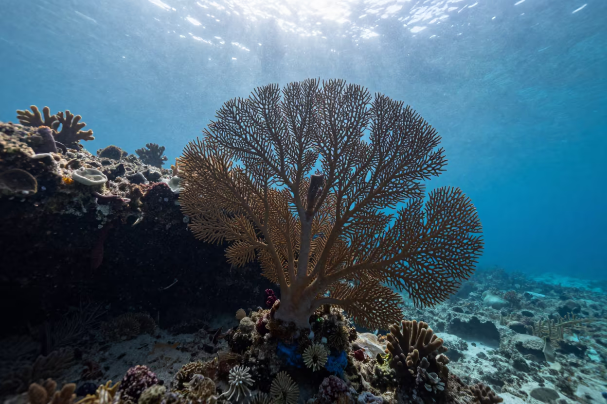 Sea Fan Swaying in Dawn Light in beneath a reef ledge in tropical shallows near Stone Town