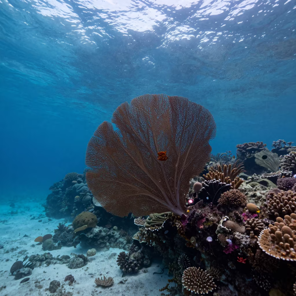 Sea Fan Swaying in Zanzibar Coral Wall in along a coral wall with blue water beyond near Zanzibar