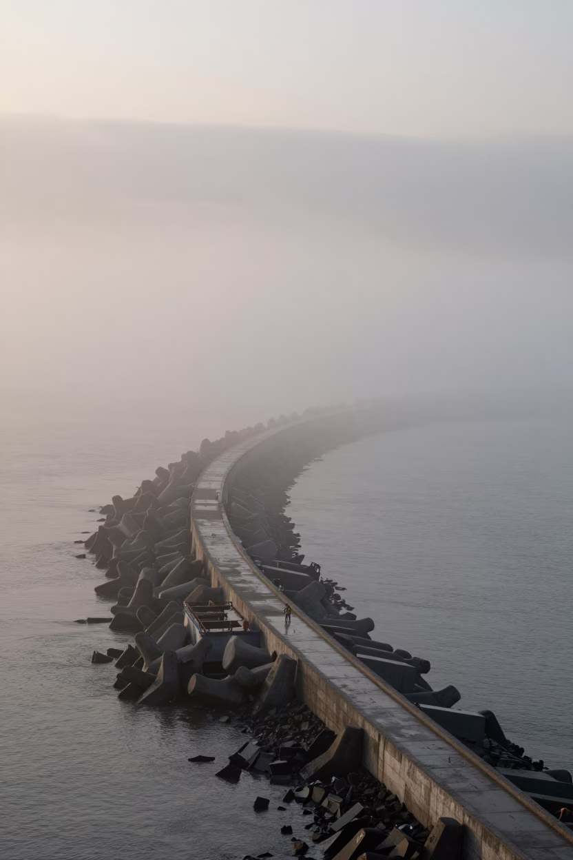 Sea Fog Crawling Over Cartagena Breakwater Dawn in along a levee path above floodwater in Cartagena