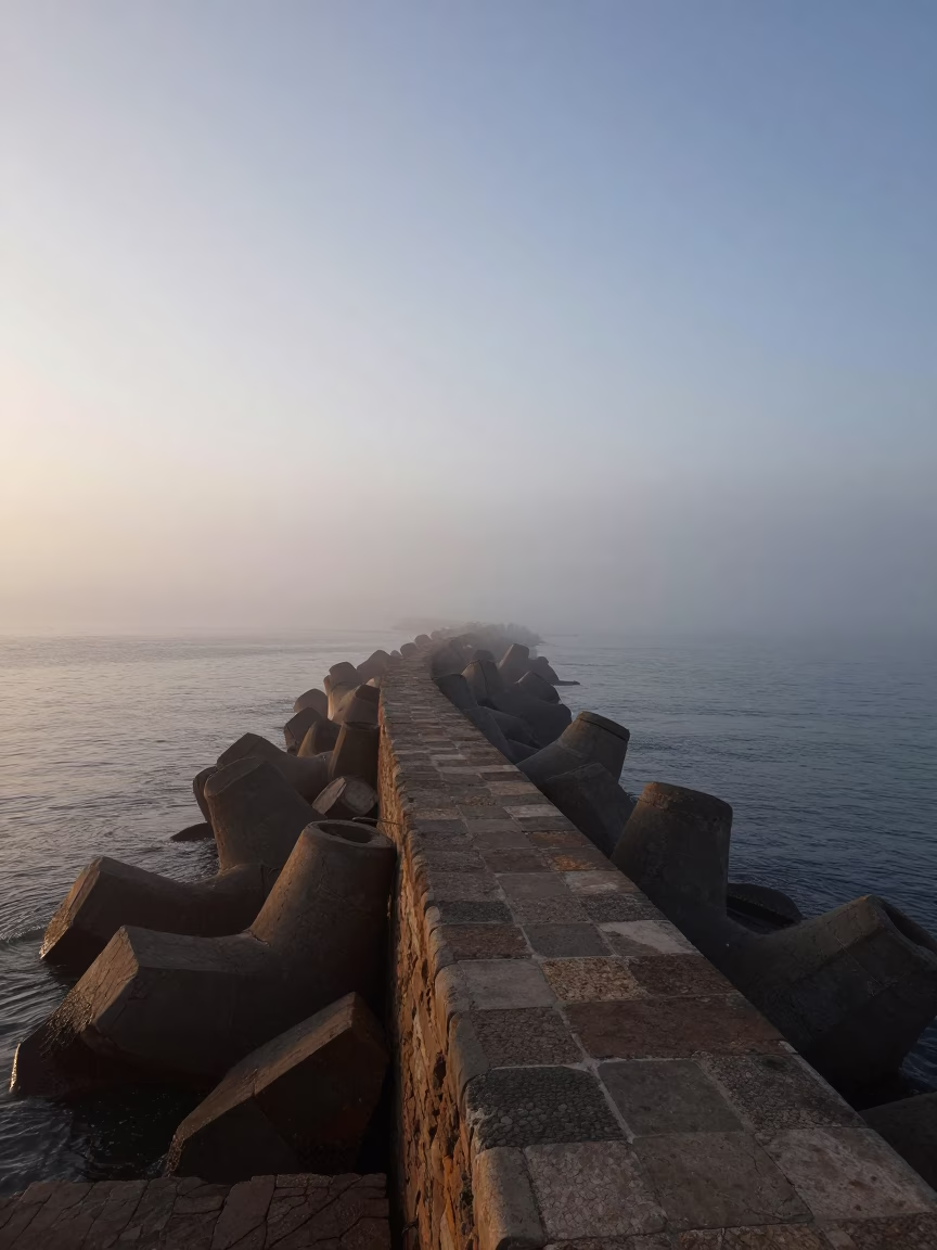 Sea Fog Crawling Over Essaouira Breakwater Before Sunrise with Wind Farm Crane in in Essaouira, Morocco