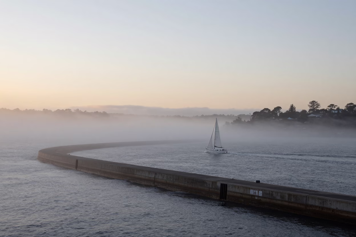 Sea Fog Crawling Over Sydney Harbour Breakwater at Nautical Dawn with Sailboat in in Sydney, New South Wales, Australia