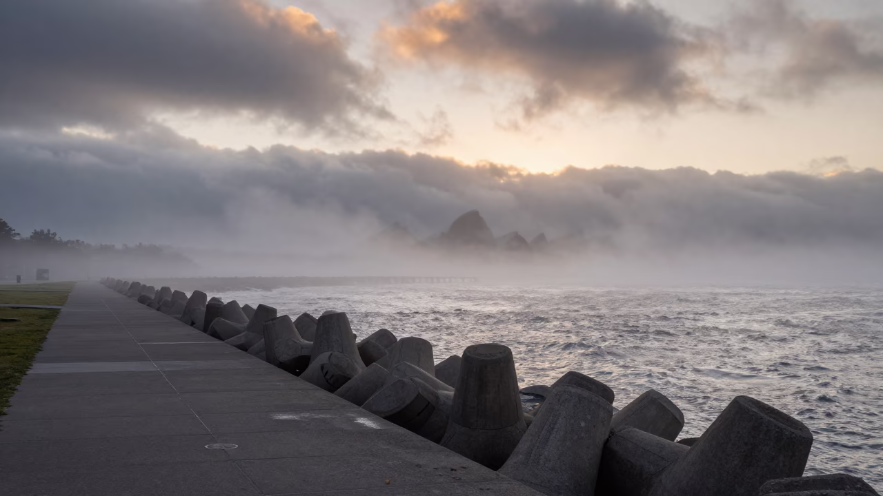 Sea Fog Crawls Dawn Breakwater Barangaroo Sydney in along a levee path above floodwater in Barangaroo, Sydney