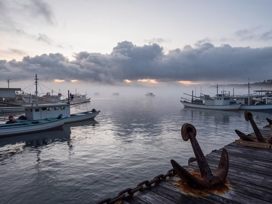 Sea Fog Creeping Into Philippines Harbor at Dawn in over a horizon of stacked thunderheads in Philippines