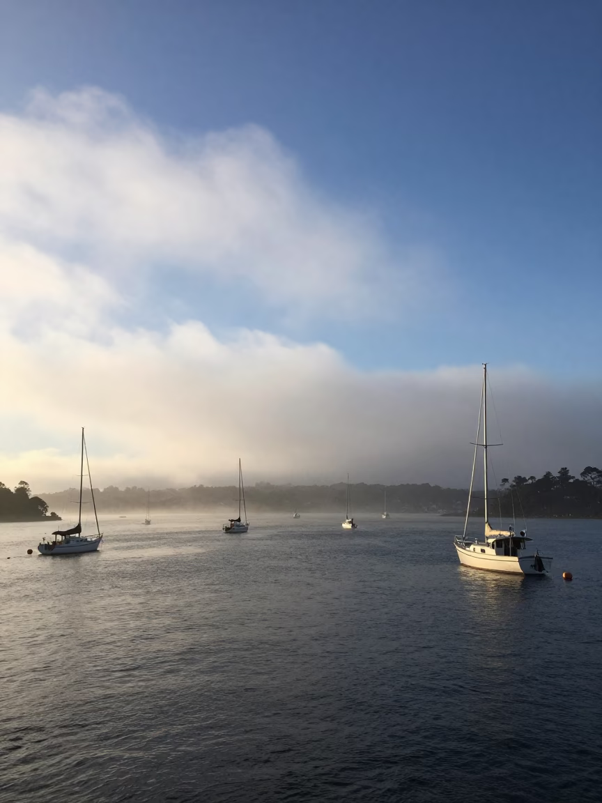 Sea Fog Creeping Into Sydney Harbor at Dawn in beneath fast-moving cloud bands near Sydney
