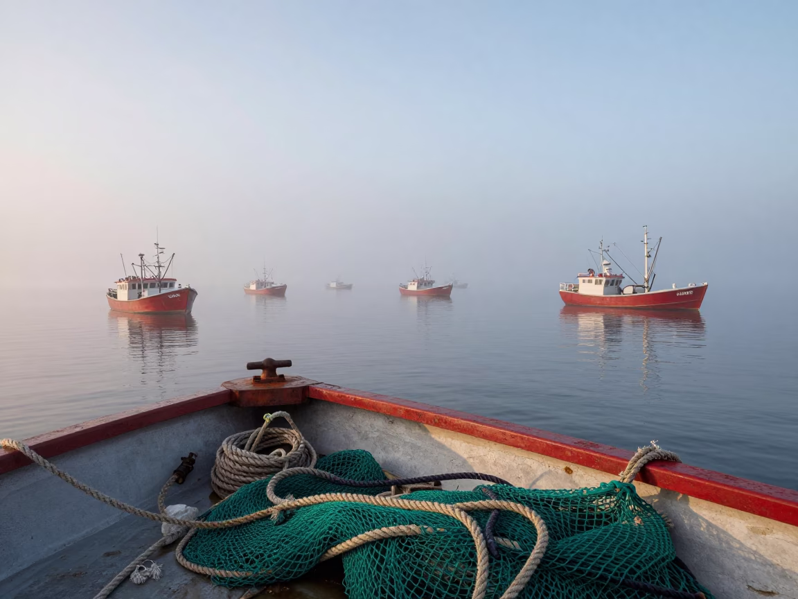 Sea Fog Swallows Fishing Fleet at Oregon Dawn in beneath fast-moving cloud bands in Oregon