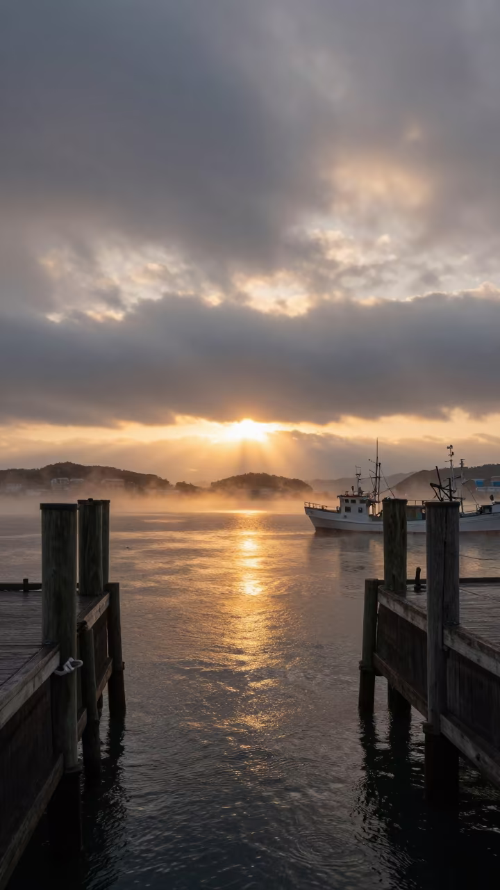 Sea Fog Over Japanese Harbor at Sunset in over a horizon of stacked thunderheads in Japan