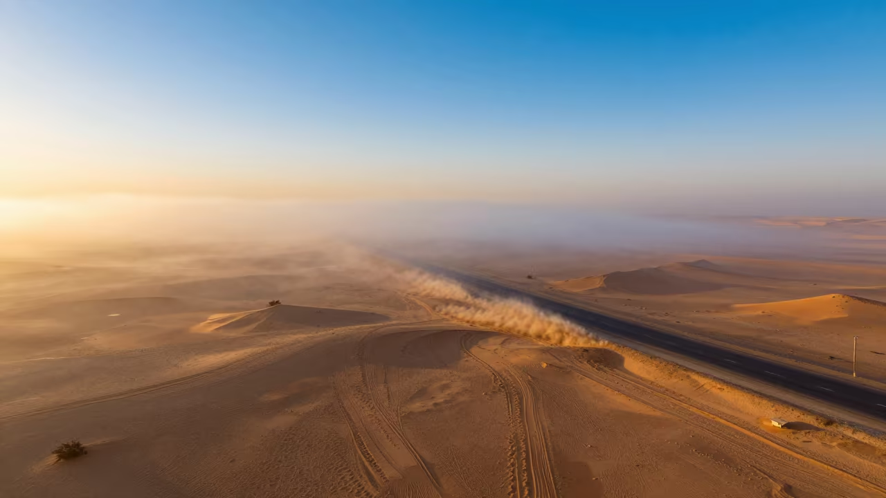 Sea Fog Over Desert Road at Golden Hour in near Islamic Cairo, Cairo