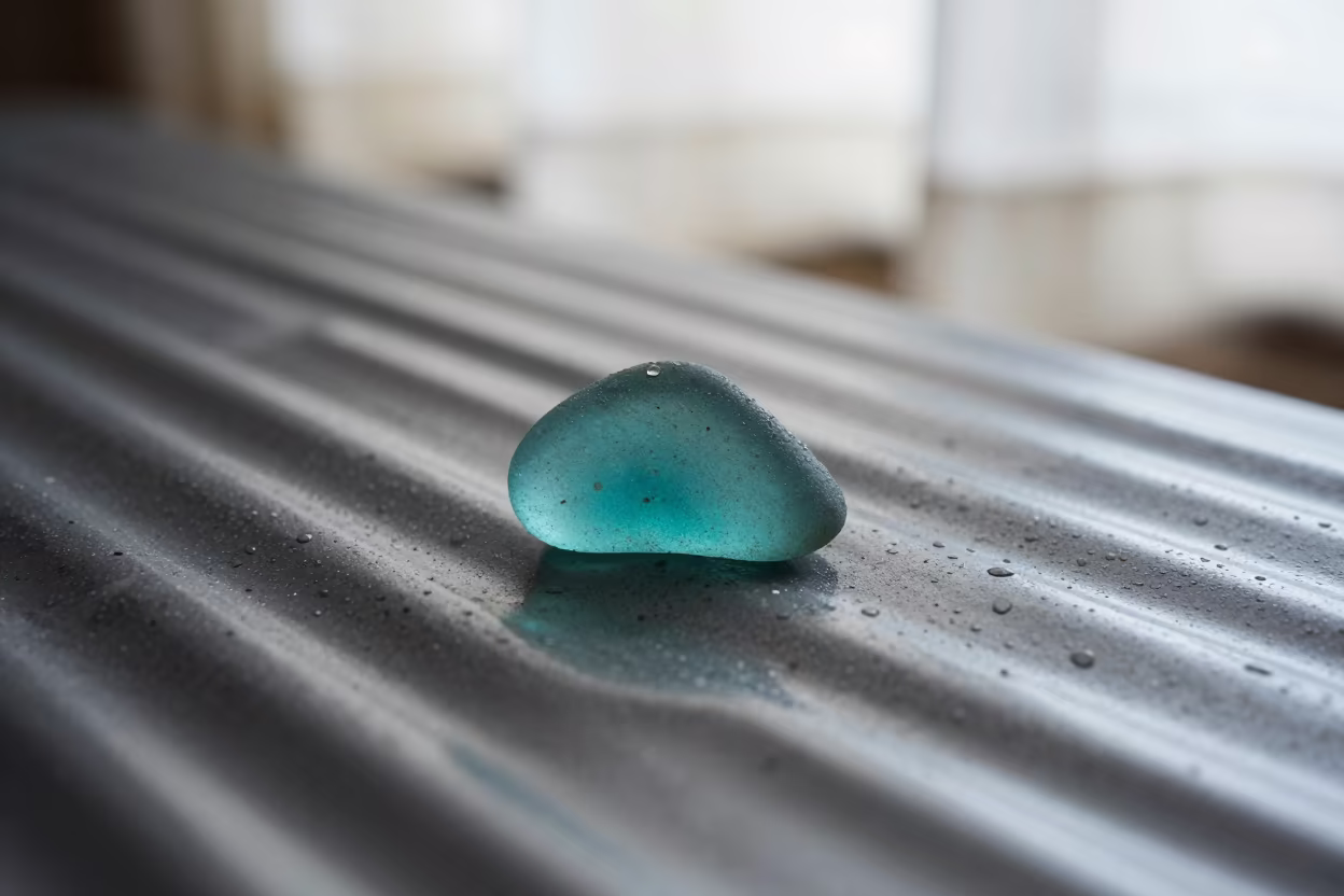 Sea Glass Fragment on Rain Beaded Metal in Fukuoka in across a rain-beaded metal surface in Fukuoka