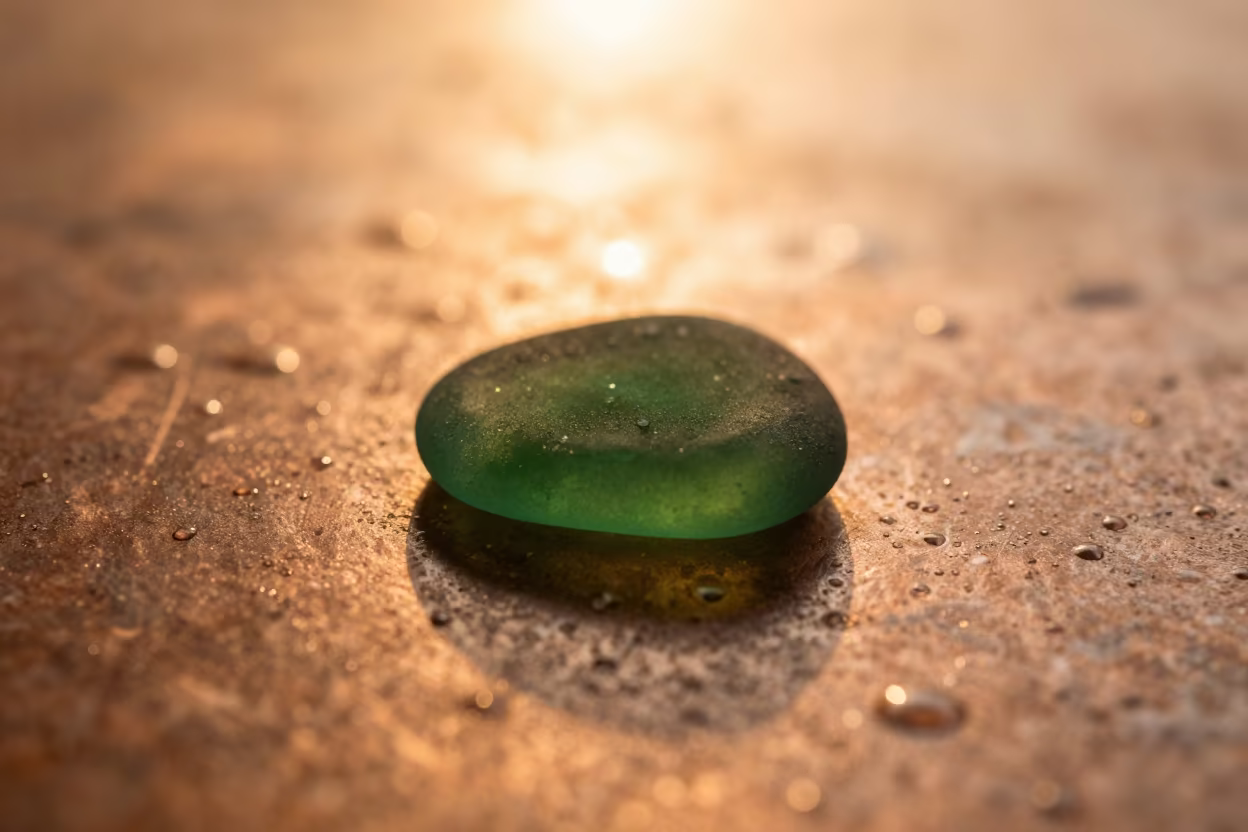 Sea Glass Fragment on Rain-Beaded Metal in Mombasa in across a rain-beaded metal surface in Mombasa