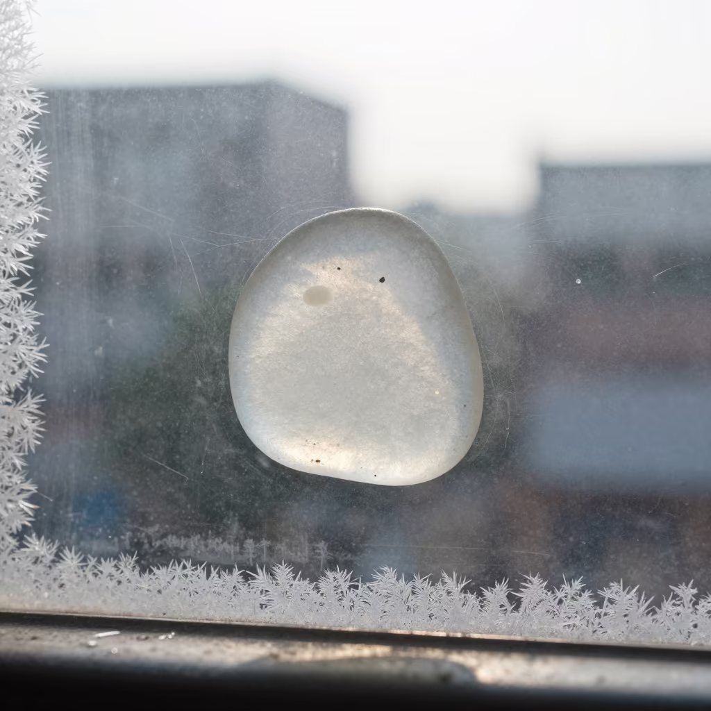 Sea Glass on Mumbai Window Pane in along a frost-edged windowpane in Colaba, Mumbai