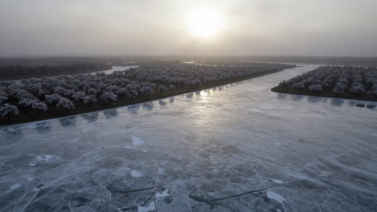 Sea Ice Puzzle Pieces Over Siberian Orchards in far above orchard blocks and irrigation lines in Siberia