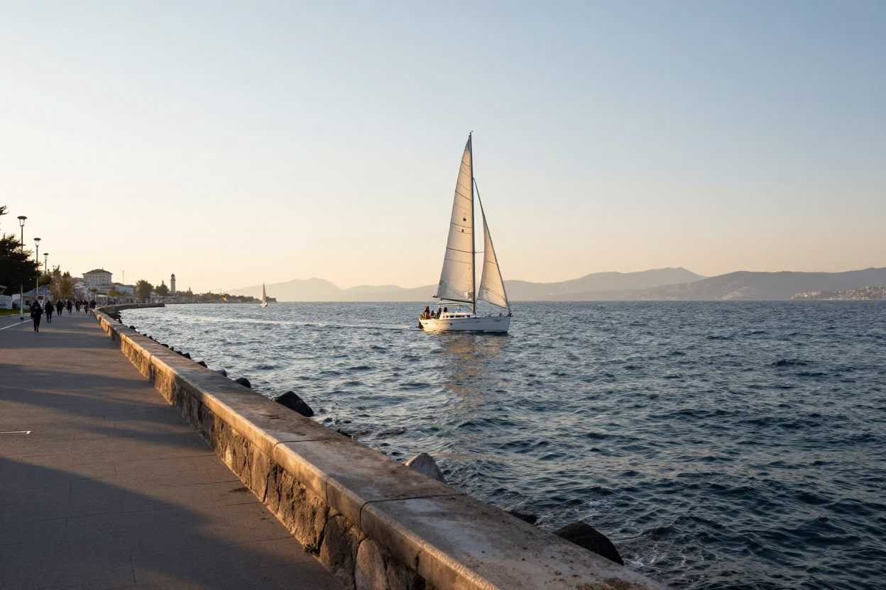 Sea in Izmir at As First Light Reaches The Scene in in Izmir, Turkey