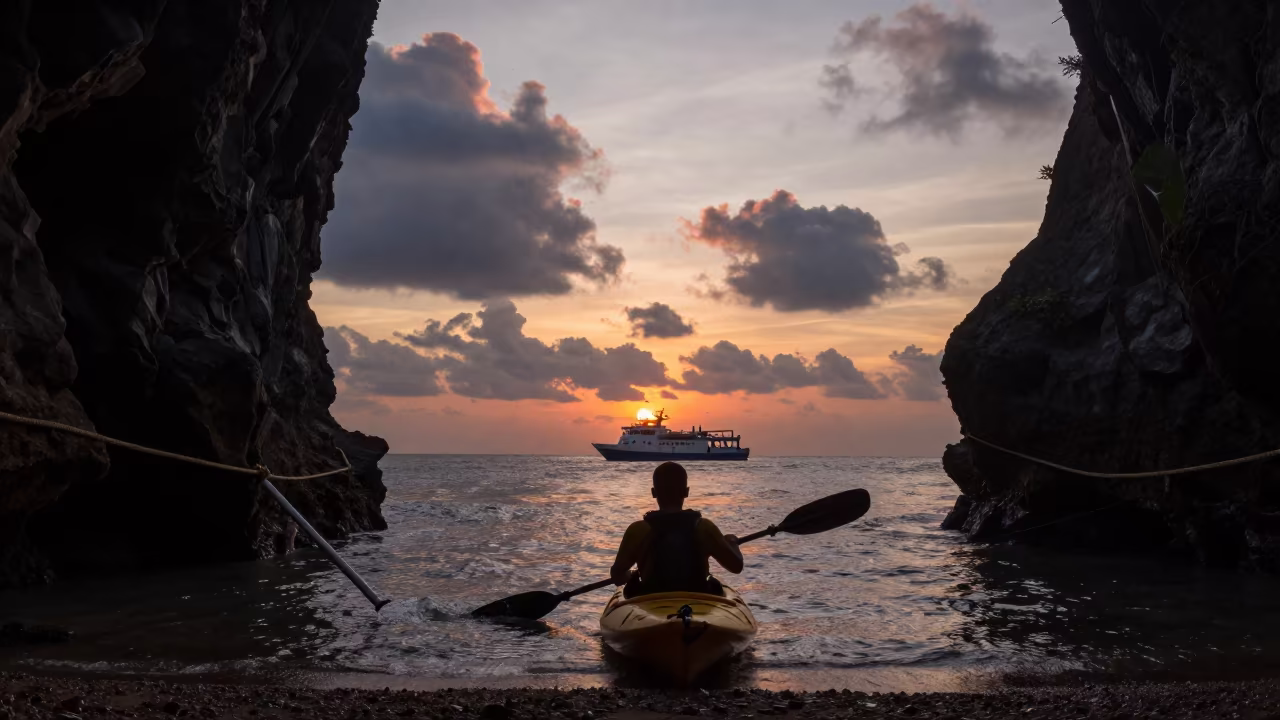 Sea Kayak at Mombasa Tidal Cave Sunset in across a remote ferry crossing near Mombasa