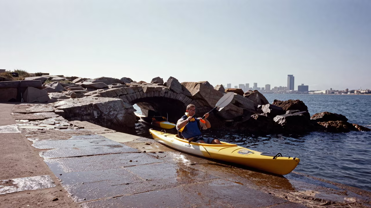 Sea Kayak at Tidal Cave Entrance Barcelona in on a wind-open causeway near Barcelona