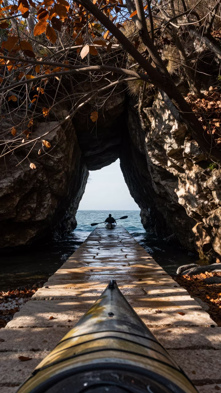 Sea Kayak at Tidal Cave Entrance Late Autumn in along a switchback approach near Bacvice, Split