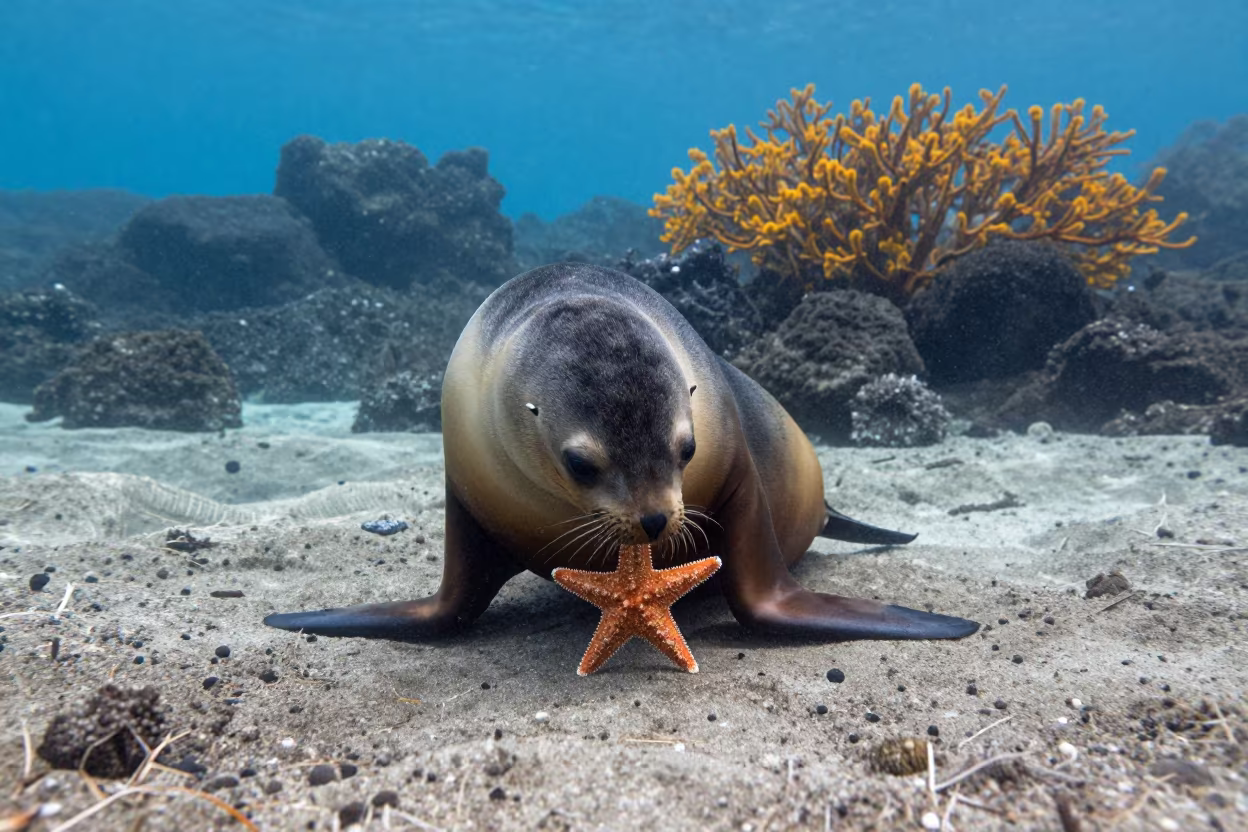 Sea Lion Pup Plays with Starfish on Sandy Bottom in beside a volcanic drop-off in Hokkaido