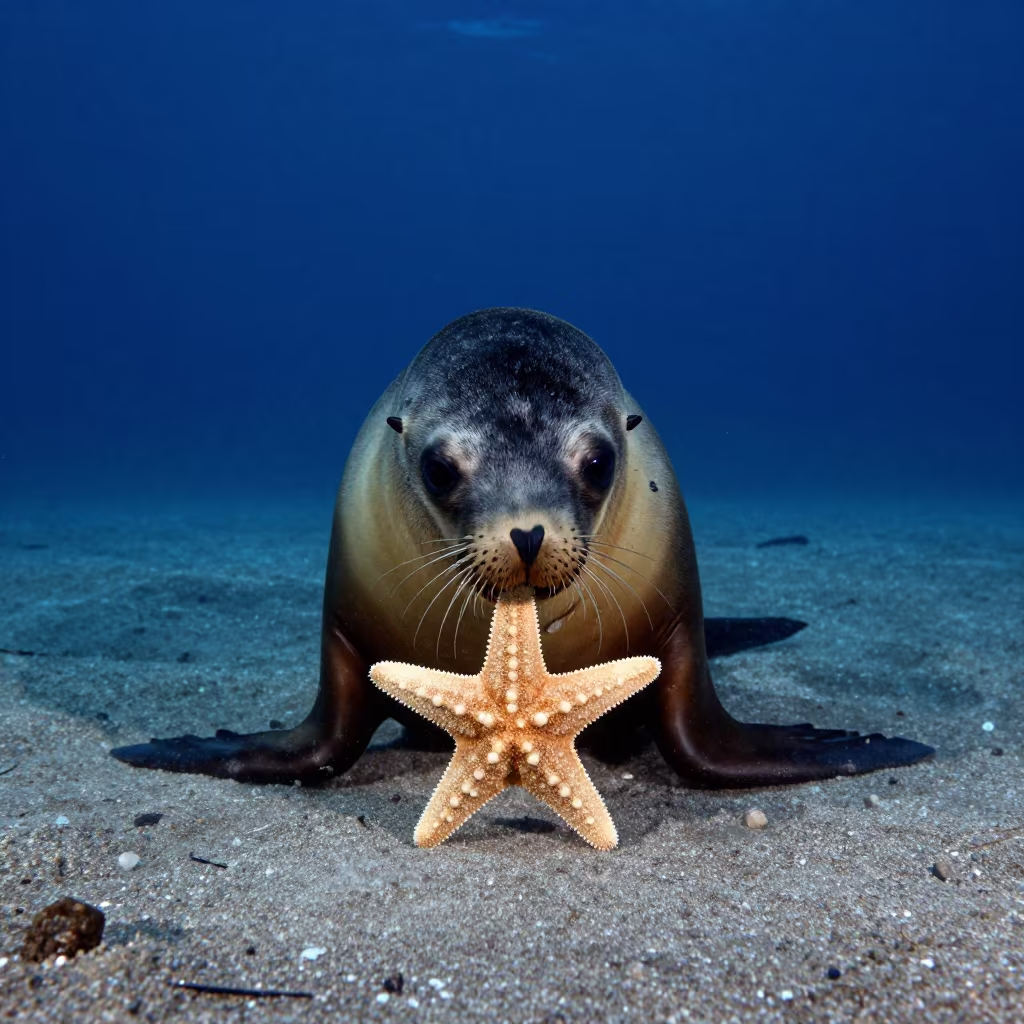 Sea Lion Pup Starfish Queensland Twilight in along a kelp-fringed shelf in Queensland