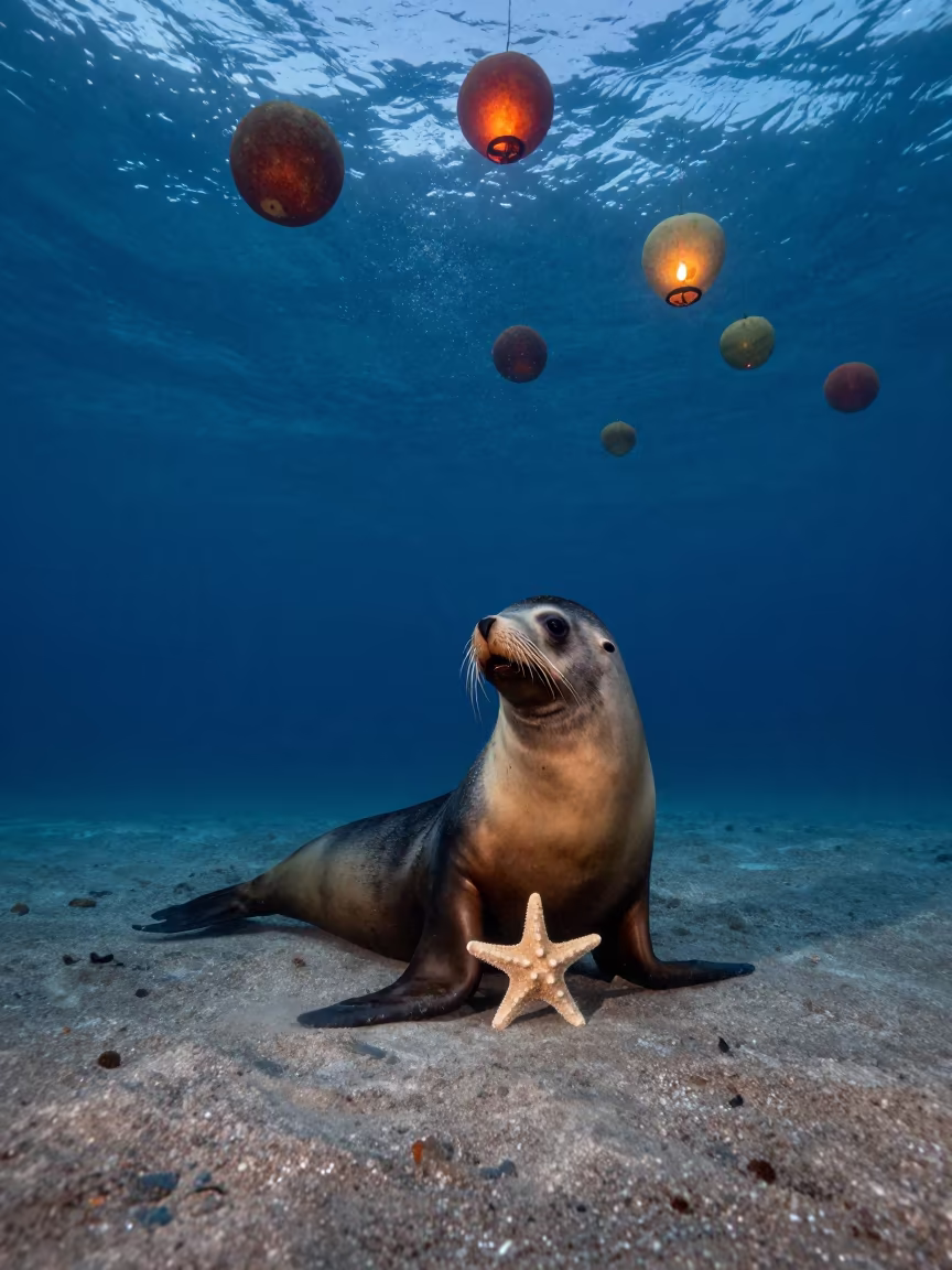 Sea Lion Pup Starfish Sardinia Dawn in in Sardinia