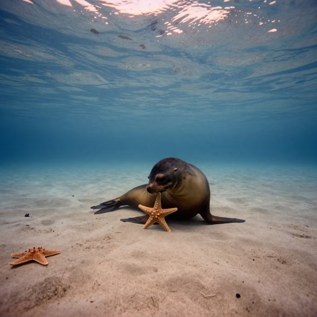 Sea Lion Pup Chasing Starfish in Sydney Waters in near Sydney