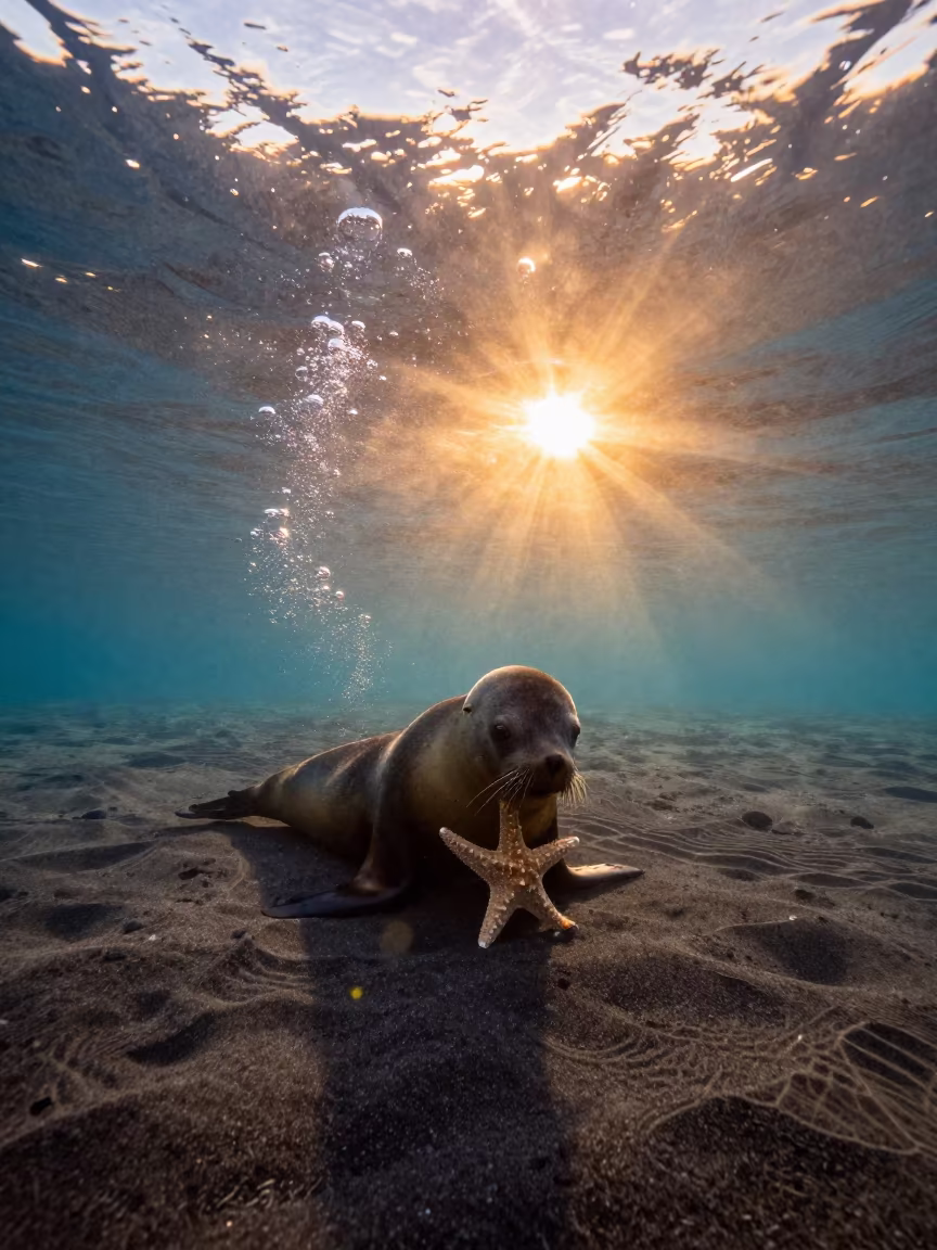Sea Lion Pup and Starfish in Winter Reykjavik Waters in near Skolavordustigur, Reykjavik