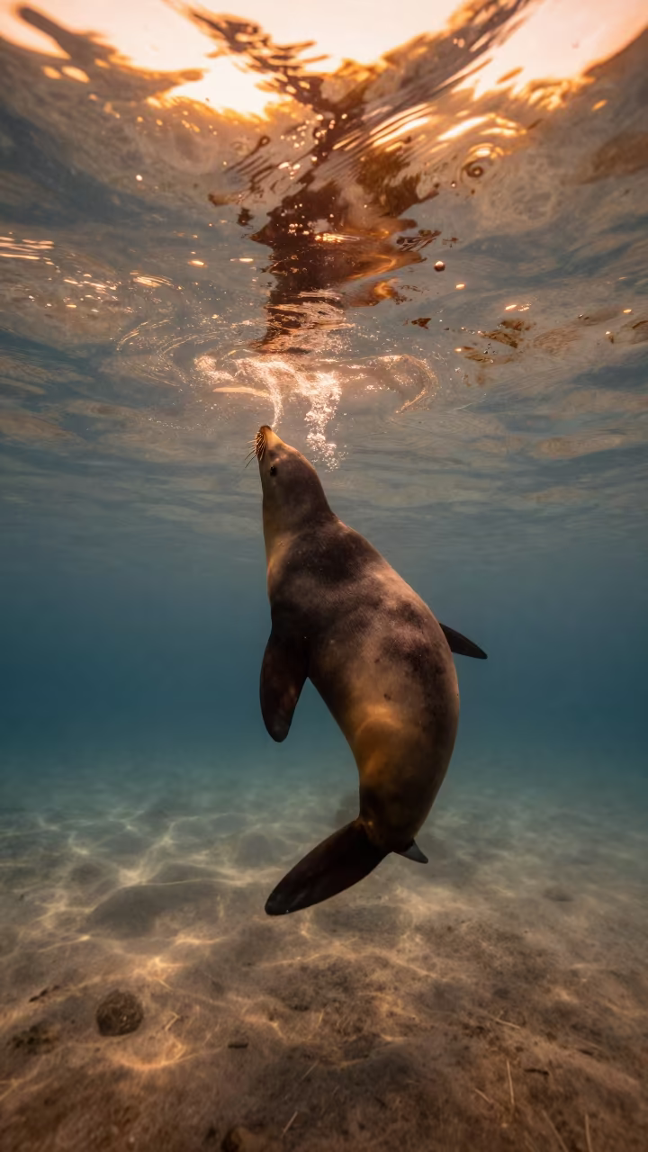 Sea Lion Twisting Through Amber Underwater Light in in Sardinia