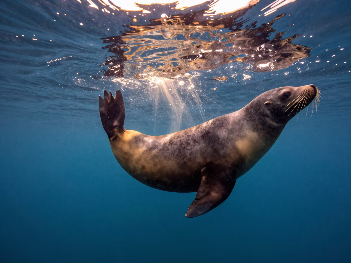 Sea Lion Twisting Through Underwater Light Shaft in near Barangaroo, Sydney