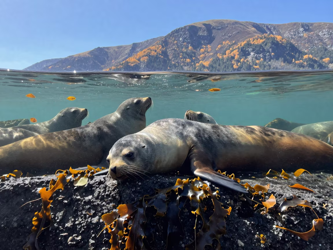 Sea Lions Resting on Kelp-Fringed Japanese Shore in along a kelp-fringed shelf in Japan