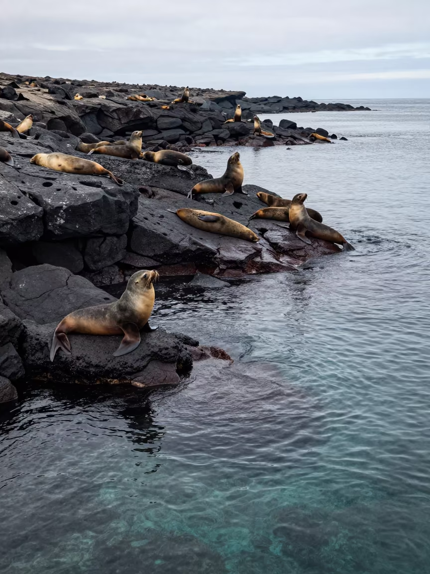 Sea Lions Rest on Volcanic Rocks in Cartagena in beside a volcanic drop-off near Getsemani, Cartagena