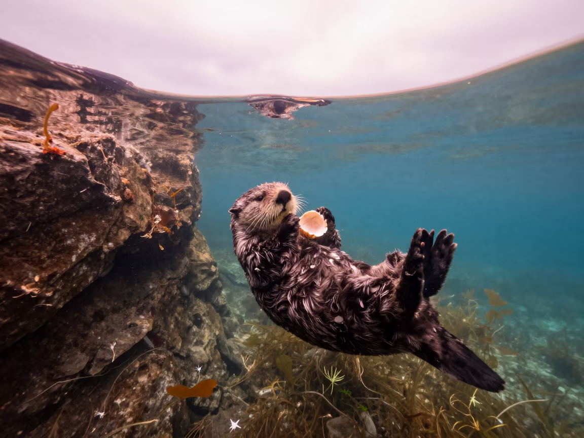 Sea Otter Cracking Shell on Ledge in beside a tide-cut rock ledge under clear water in Italy