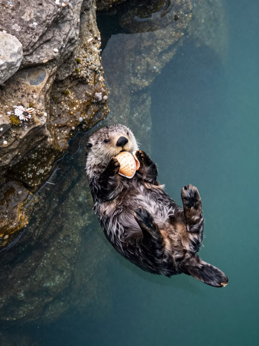 Sea Otter Cracking Shell on Rock Ledge in beside a tide-cut rock ledge under clear water in Cartagena