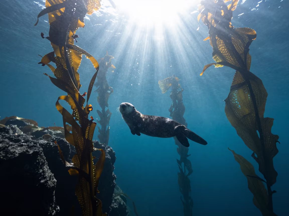 Sea Otter Diving in Kelp Forest Auckland in beside a tide-cut rock ledge under clear water in Auckland