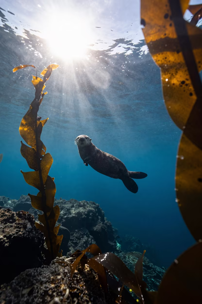 Sea Otter Diving Kelp Forest Mumbai Ledge in beside a tide-cut rock ledge under clear water in Dharavi, Mumbai