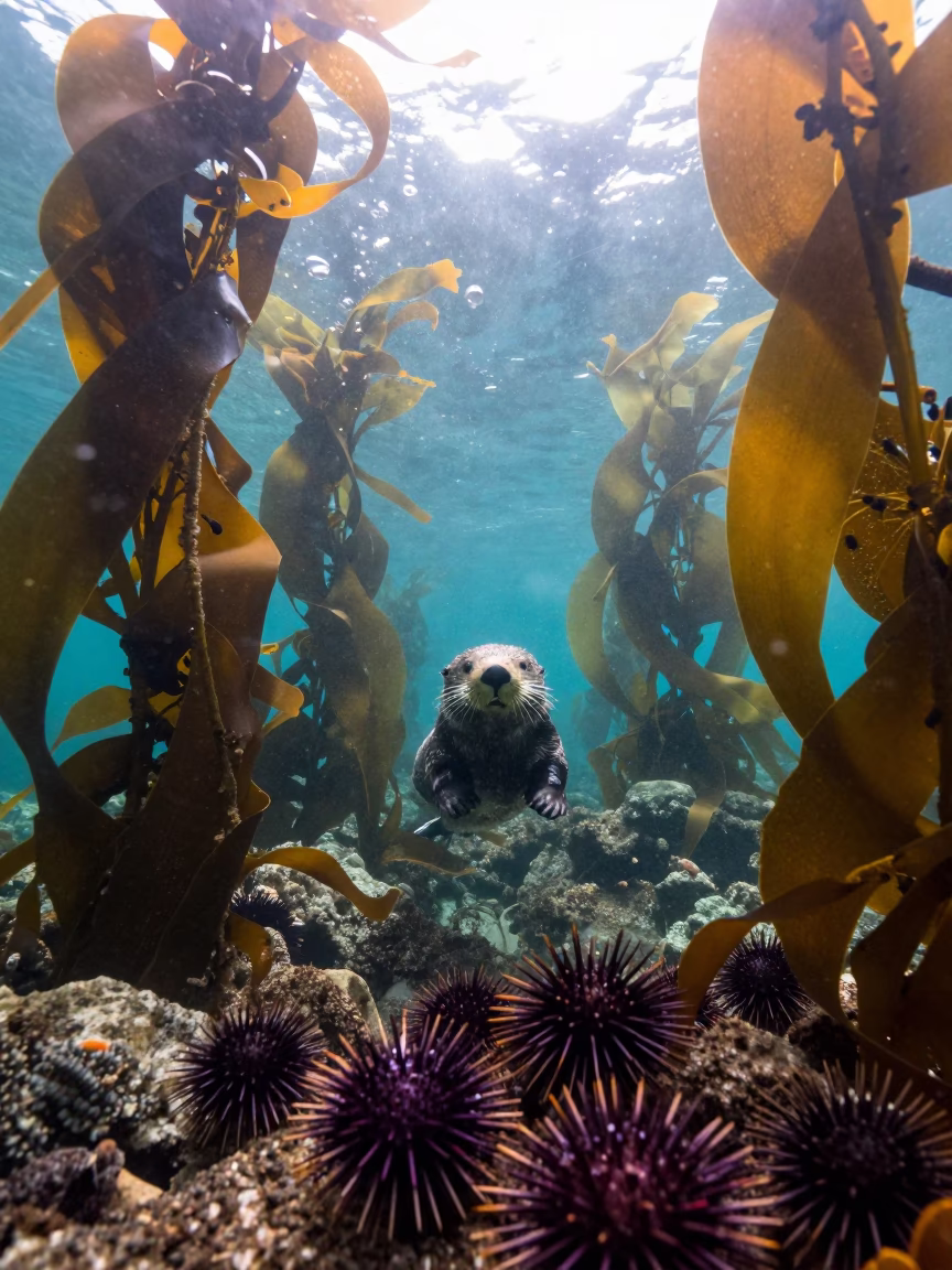 Sea Otter Diving in Kelp Forest Havana in above a cold-water reef edge in Havana
