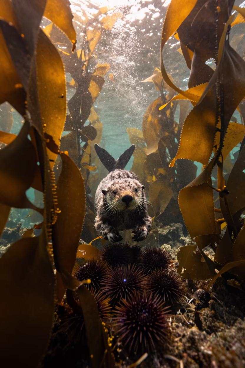 Sea Otter Diving in Sicilian Kelp Forest in above a cold-water reef edge in Sicily