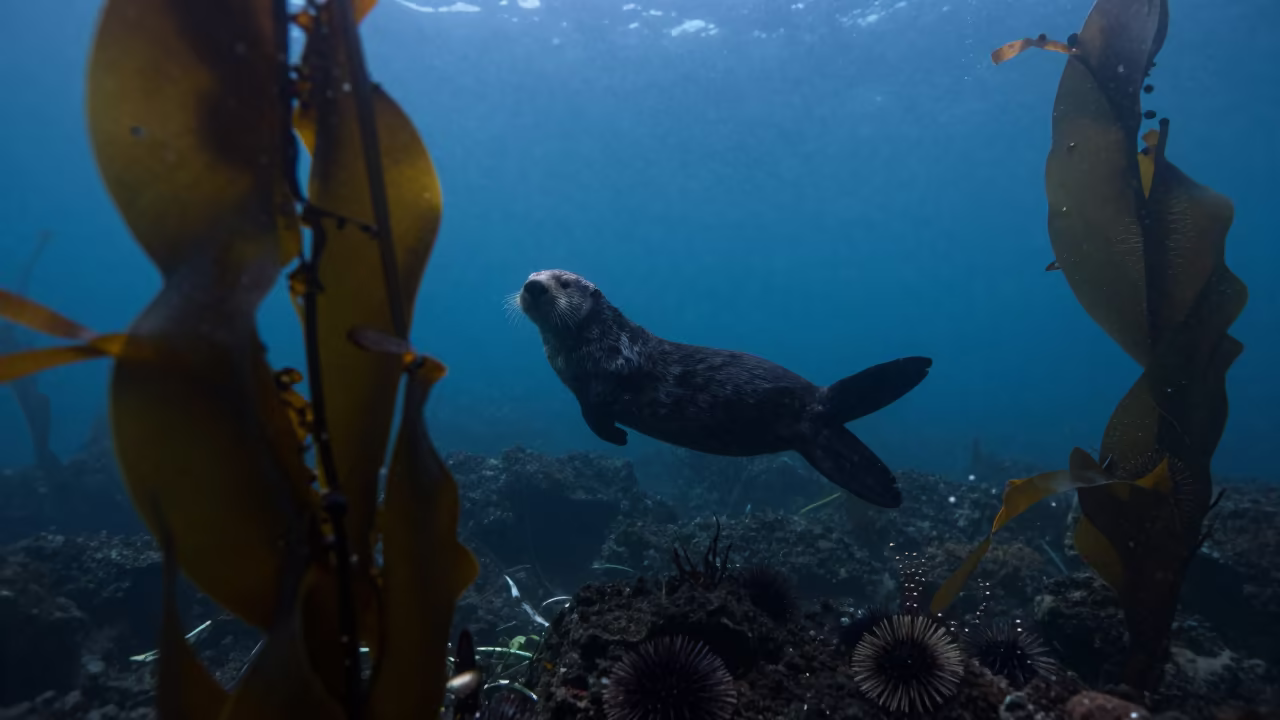 Sea Otter Diving in Twilight Kelp Forest Indonesia in through kelp fronds beside a rocky shelf in Indonesia