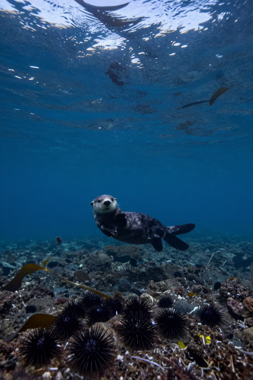 Sea Otter Diving for Urchins in Colaba Kelp Forest in above a cold-water reef edge in Colaba, Mumbai