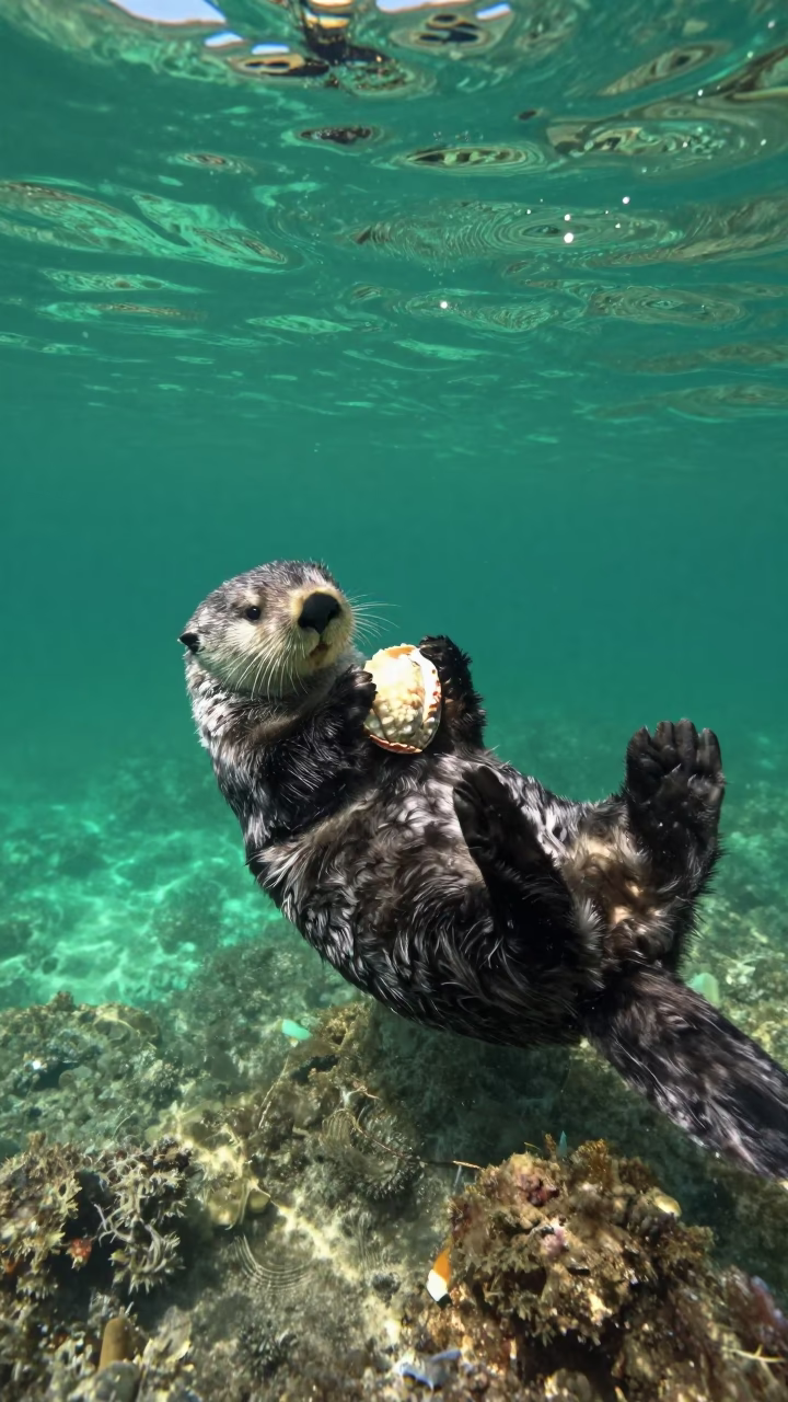 Sea Otter Floating Midday Lisbon Reef in above a cold-water reef edge in Lisbon