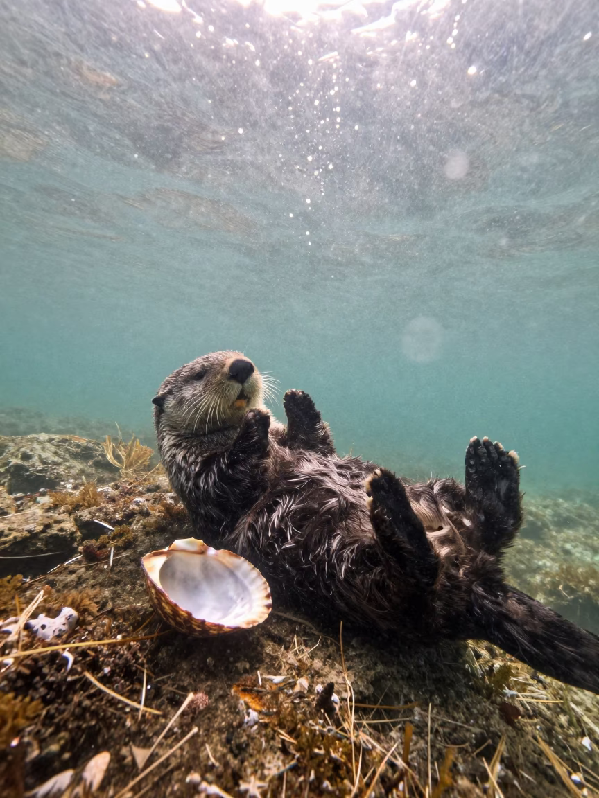 Sea Otter Floating on Rock Ledge Spain in beside a tide-cut rock ledge under clear water in Spain