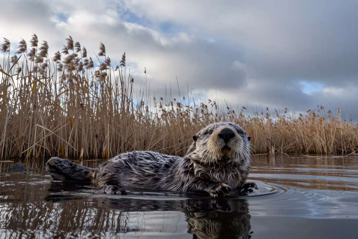 Sea Otter Frost Whiskers Reed Bed Naples in at the edge of a reed bed near Sanita, Naples