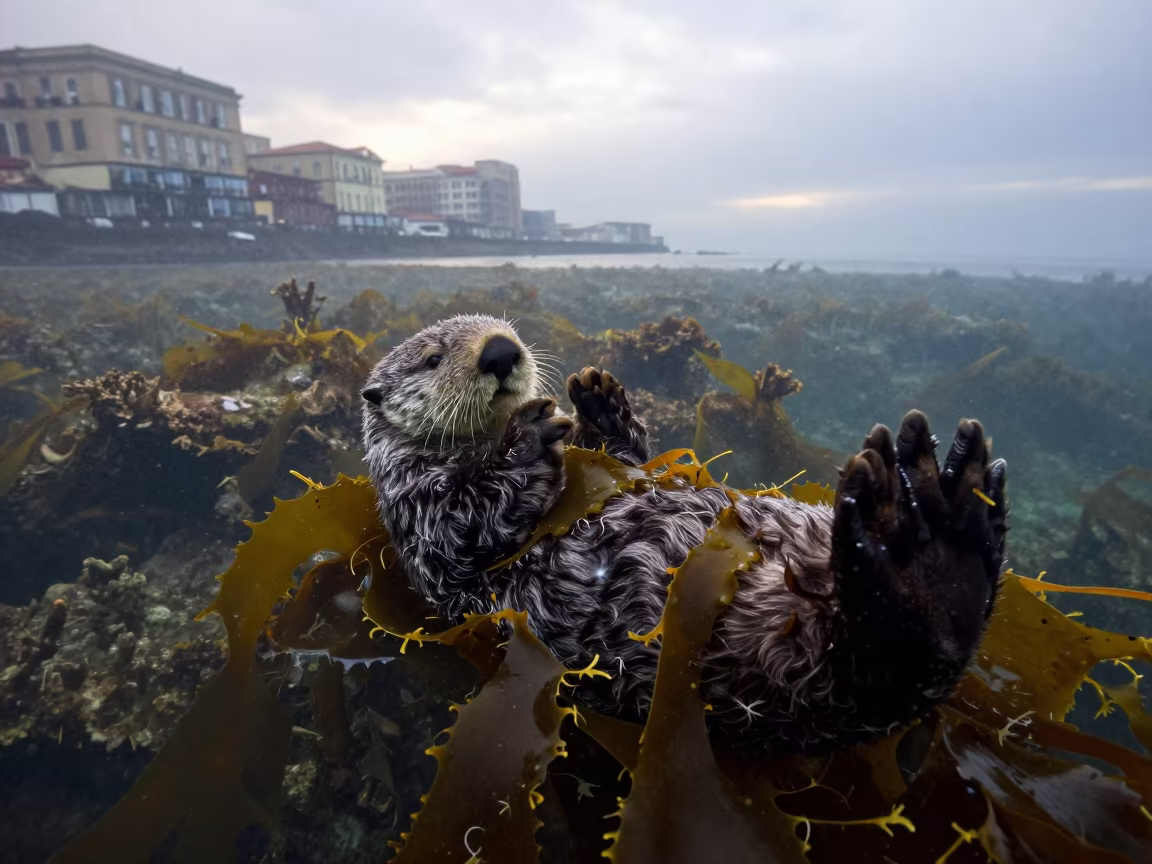Sea Otter Wrapped in Kelp at Naples Reef in above a cold-water reef edge in Centro Storico, Naples