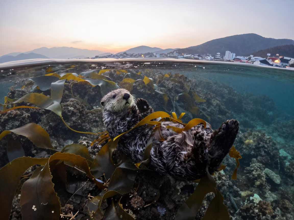 Sea Otter Wrapped in Kelp Near Busan at Dusk in above a cold-water reef edge near Busan